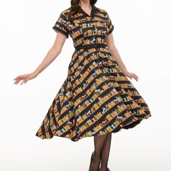 Unique Vintage Dresses & Skirts - Unique Vintage 1950s Cat & Bookshelf Print Alexis Swing Dress Size 1X/16 Retro